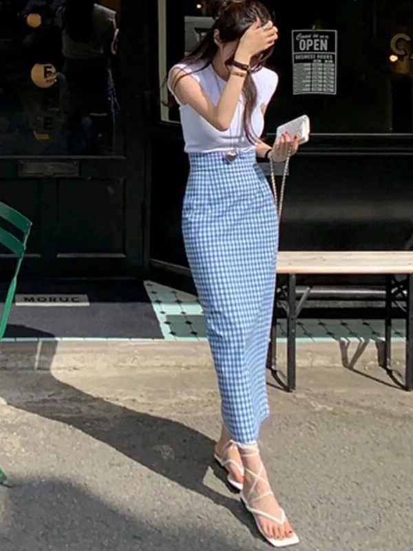 Retro Plaid Skirt Women's Summer New Korean Design Sensation Small Audience Back Split High Waist Slim Fit Bodycon Skirt