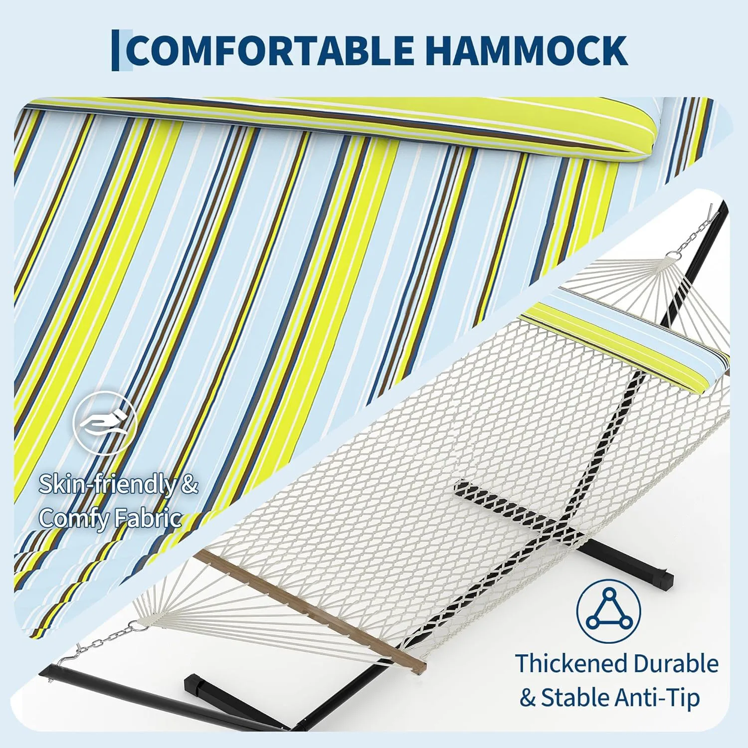 Double Hammock with Stand, 2 Person Large Hammock 2 Person Hammock with Pillow & Polyester Pad for Indoor Outdoor Backyard Beach