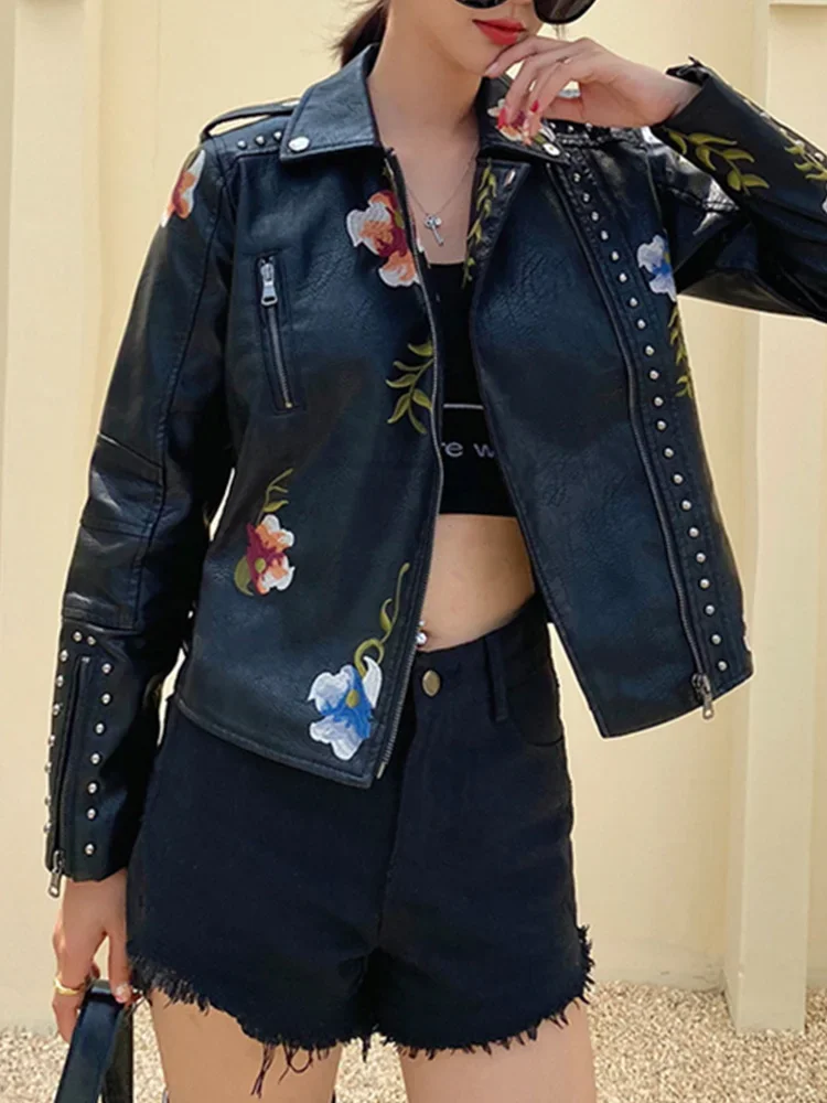 Women Vintage Floral Print Embroidery Short Black Pu Faux Leather Jacket Spring Autumn Female Zipper Coat Retro Outwear 2025