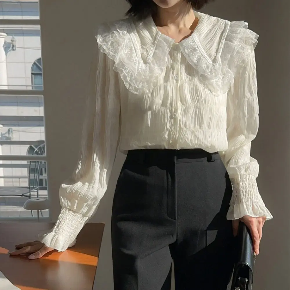 

Женская шифоновая блузка East Gate Street свободного кроя с кружевной отделкой, плиссированным воротником-стойкой и рукавами-колокол, повседневная, с длинными рукавами, для девочек