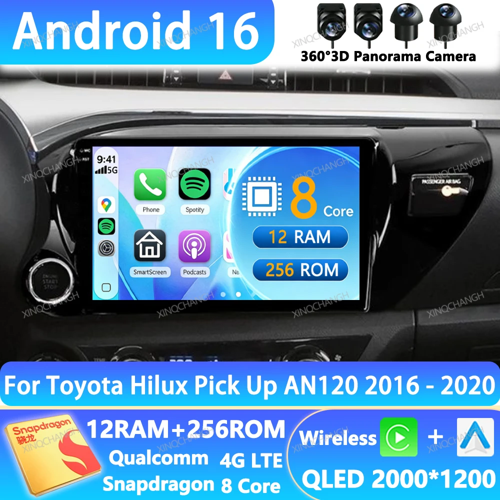 Автомагнитола Android 16 для Toyota Hilux Pick Up AN120 2016-2020, GPS-навигатор, мультимедийный видеоплеер, QLED, Qualcomm, 2DIN, 4G, Wi-Fi