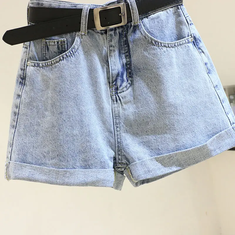 Loose Fit Blue Denim Shorts Women's Summer 2024 New plus Size Wide Leg A-Line Hot Pants High Waist Other Material 100%