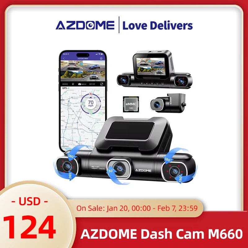 AZDOME M660 Car DVR 4 Channel 360° Dash Cam Front Rear Inside 128G EMMC WIFI GPS Dash Camera for Cars 2.5K+1K+1K+1K Parking Mode