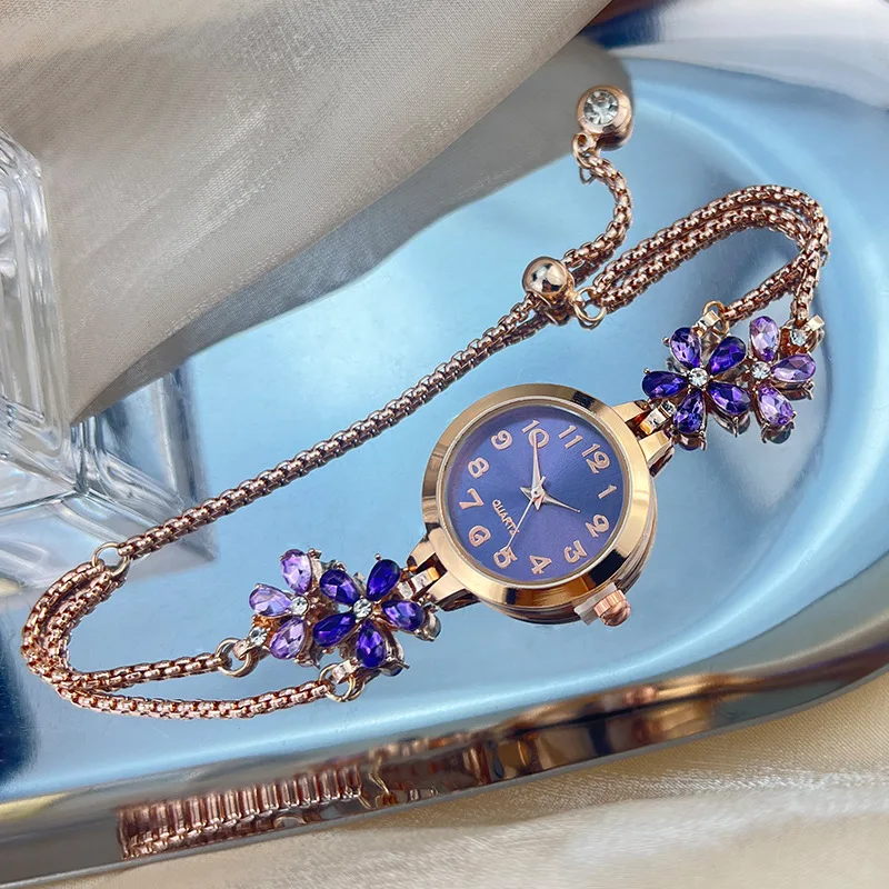 Diamond studded flower colorful diamonds simple and fashionable drawstring bracelet women's quartz watch