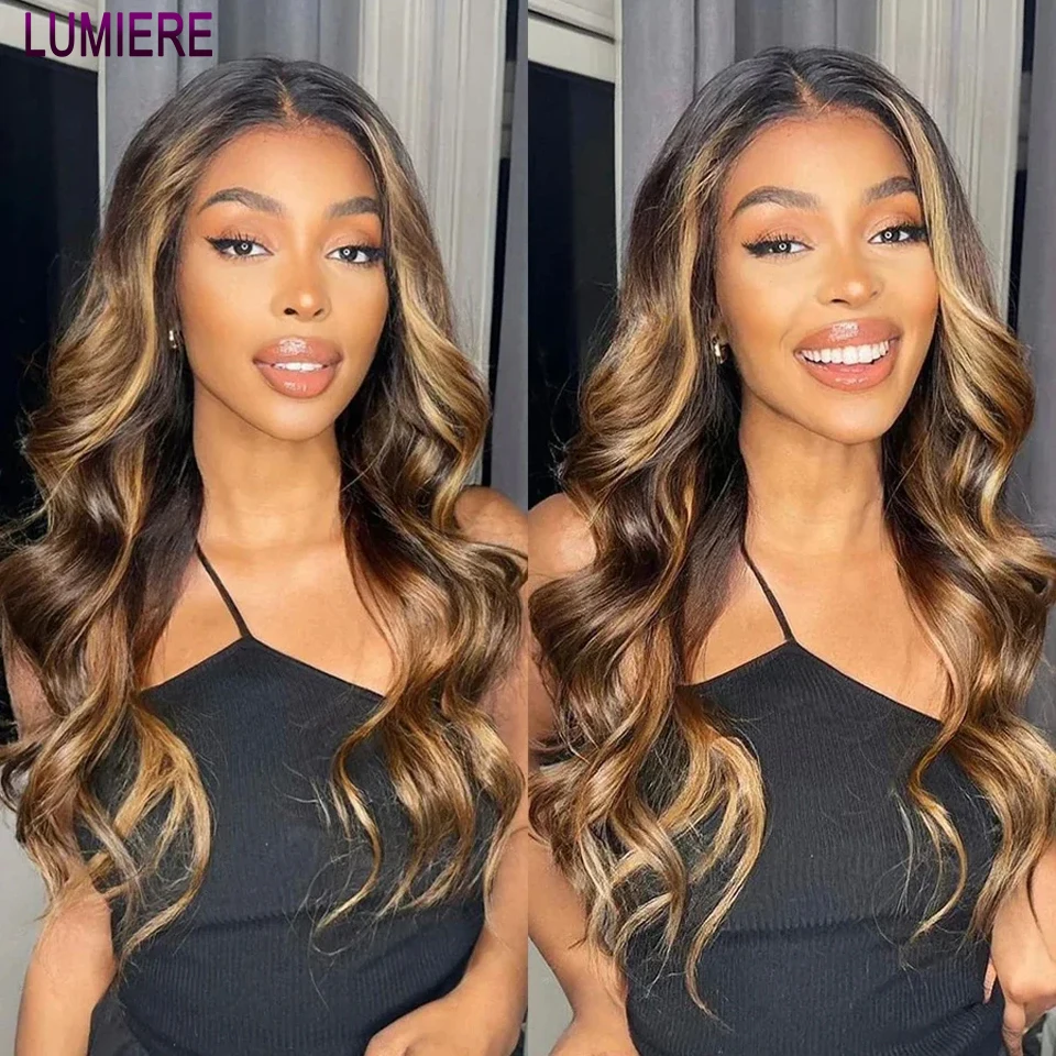 Lumiere 13x4 wig depan renda transparan rambut manusia P4/27 wig rambut manusia Virgin gelombang tubuh 30 inci rambut Peru 180% untuk wanita