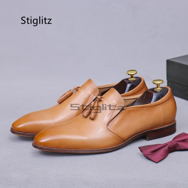 Men's Genuine Leather Tassel Shoes British Style Business Handmade Office Elegant Male Social Shoes Low Heel Leather Loafers