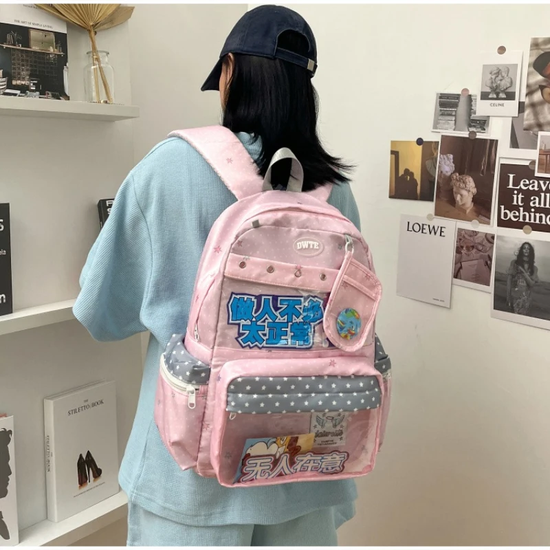 Modischer Rucksack mit transparentem Sichtfenster, großes Fassungsvermögen, gepunktete Schultasche für Teenager-Mädchen, leichte Büchertasche – Detail 15