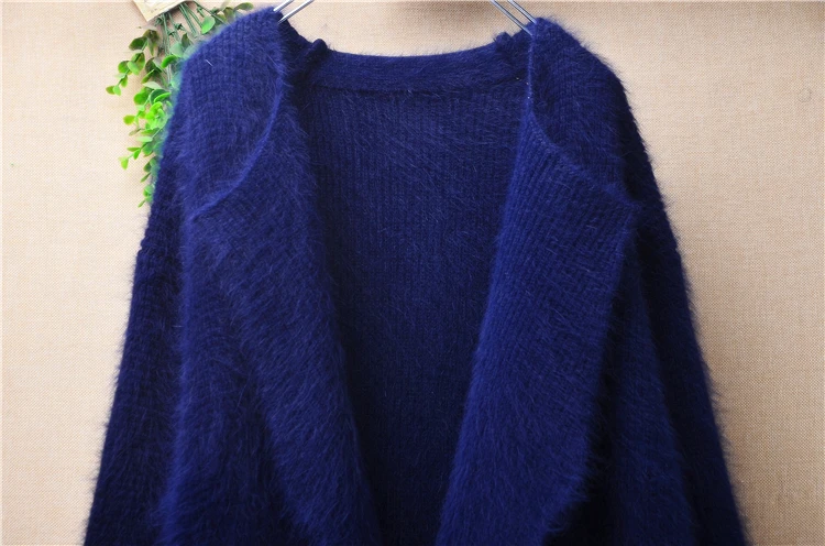 Female Women Fall Winter Clothing Blue Hairy Plush Mink Cashmere Knitted Loose Cardigans Angora Rabbit Hair Jacekt Sweater Coat