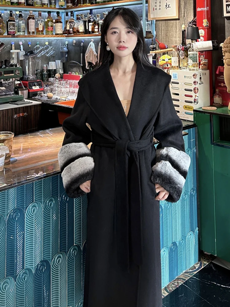 New Women Autumn Winter Coats Cashmere Sheep Wool Blends Real Natural Rex Rabbit Fur Cuff Belt Slim Style Female Outerwear