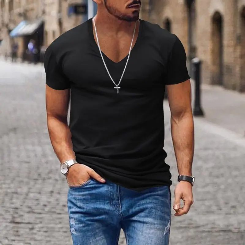 Summer Men V-neck Basic T-shirt Slim Solid Cotton Breathable Quick Dry Casual Sports Simple Versatile Bottoming Short Sleeve Top