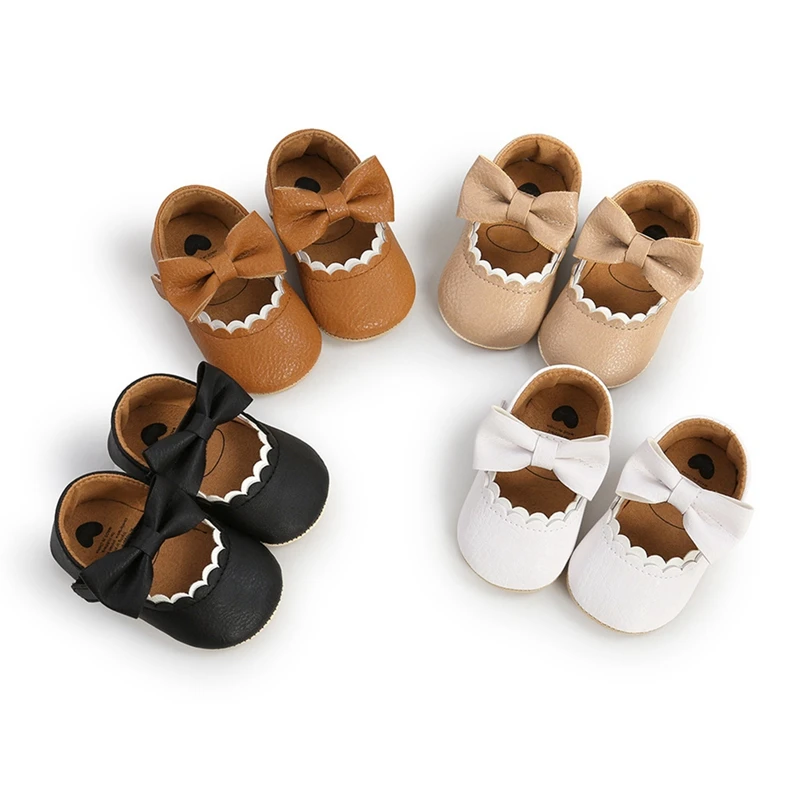 New Baby Shoes for Girls 0-18M Solid Sweet Bow Decor Princess Leather Shoes Rubber Sole Non-Slip Comfortable First Walkers