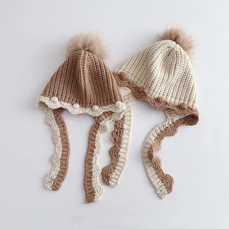 Korean Children Knitted Hats Girls Cute Fungus Side Hat Autumn Winter Baby Wool Ball Ear Protection Cap Outdoor Kids Accessories