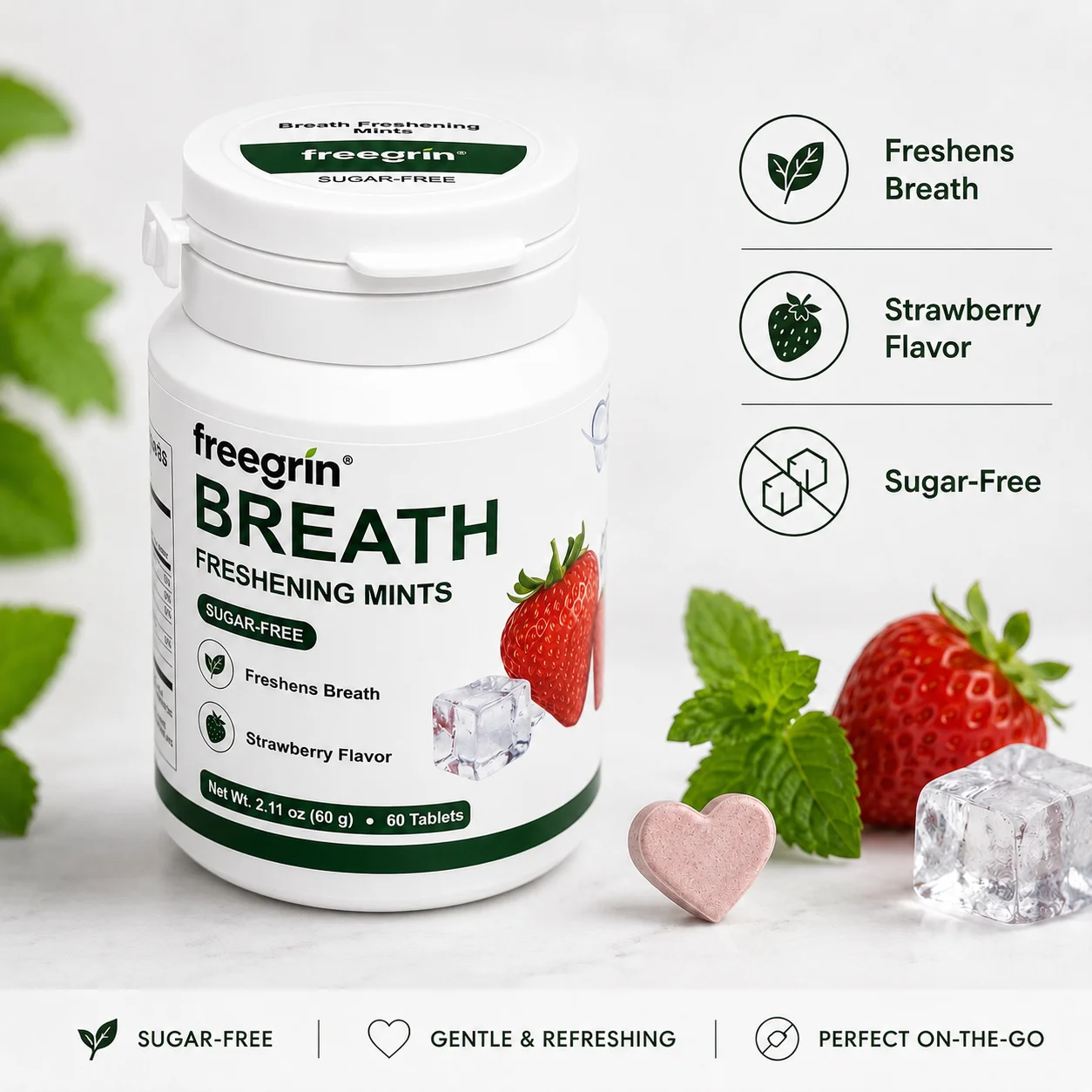 60 Count Sugar-Free Strawberry Breath Mints with Xylitol & Erythritol, Portable Fresh Breath Tablets for Travel
