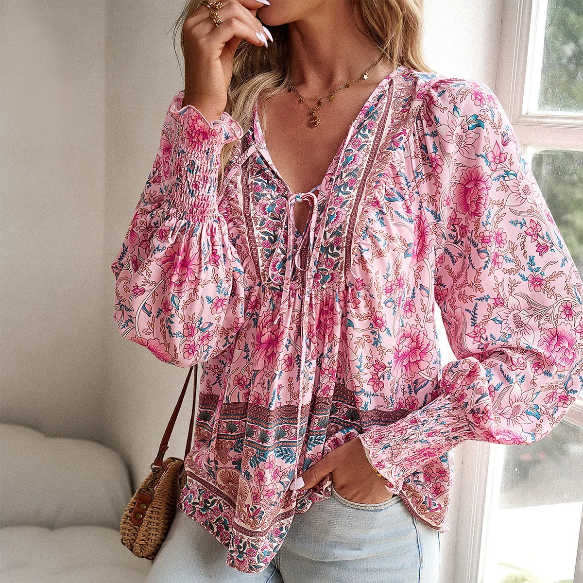 Pink Floral Shirt and Blouses Autumn Women Top Loose Full Sleeve Streetwear Pullover Outfit Office Lady Dress Up Female Clothing