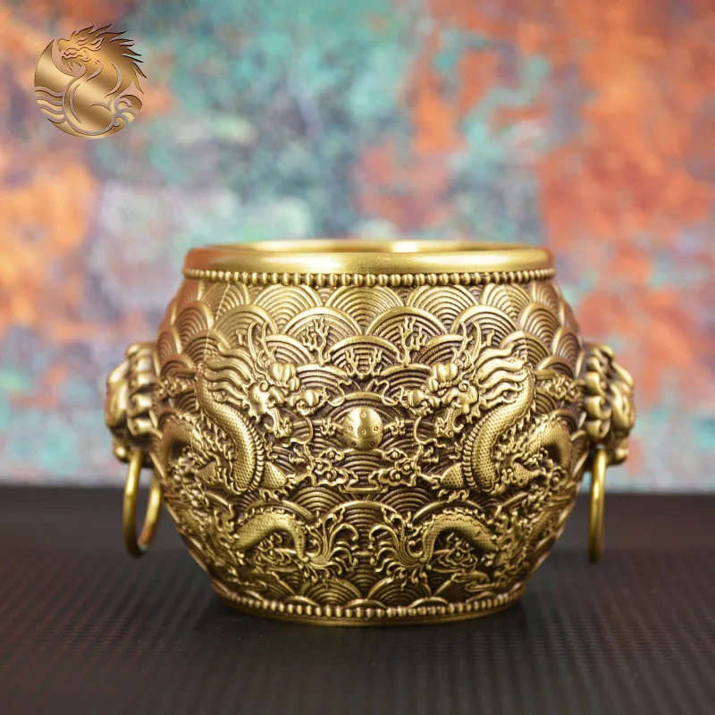 HYS all brass relief Erlong play beads copper cylinder home entrance lion head dragon pattern cylinder ornament
