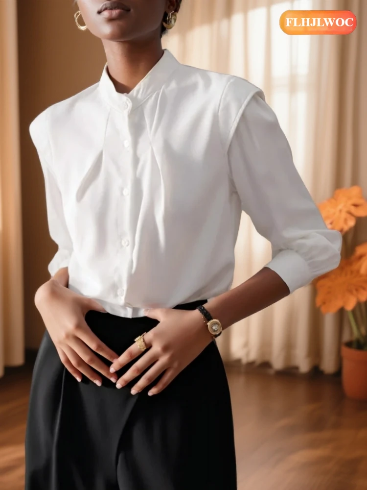 

Stand Collar Tops Blouses New 2026 Spring Autumn Long Sleeve Elegant Office Lady Retro Vintage Solid Button White Shirts