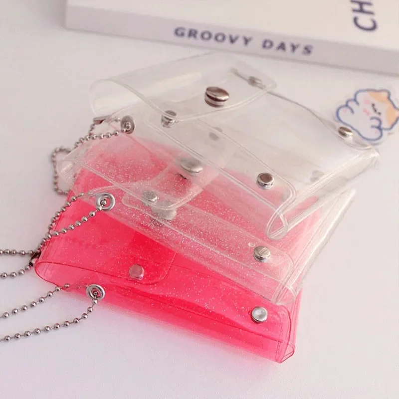 PVC Simple Transparent Snap Card Bag Girls Lipstick Cosmetic Pouch Coin Purse Bank Credit Card Holder Key Chain Backpack Pendant