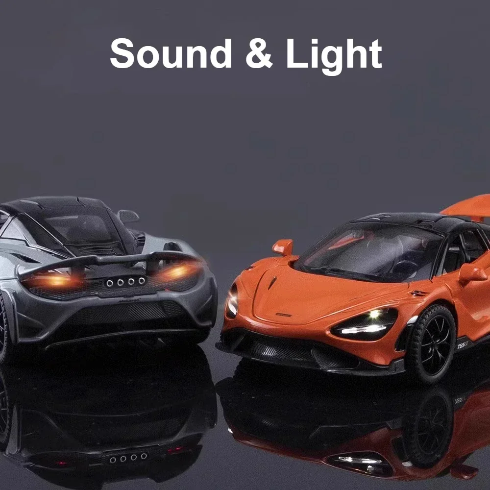 1:32 스케일 765LT 스포츠카 장난감 모델 합금 다이캐스트 3도어 개폐 사운드 라이트 풀백 차량 모델 장식품 어린이 선물