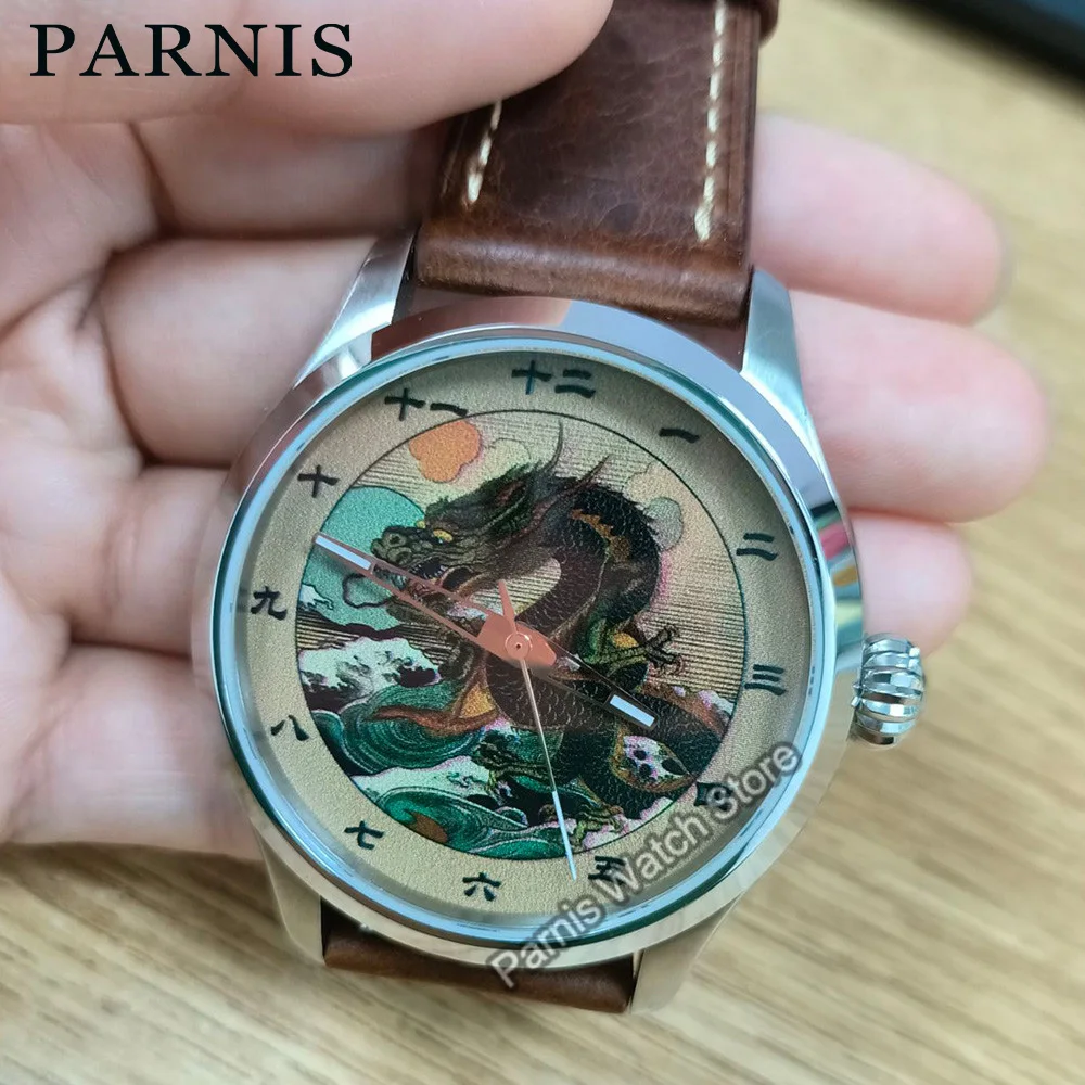 42mm Parnis Automatic Movement Men\'s Casual Wristwatch Sapphire Crystal Dragon Drawing Customizable Dial