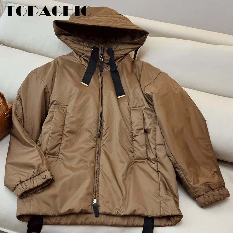 8.28 TOPACHIC-Women Clothes Camel Hair Loose Parkas Hooded Lace-up Long Sleeve Double Zipper Keep-Warm Outerwear