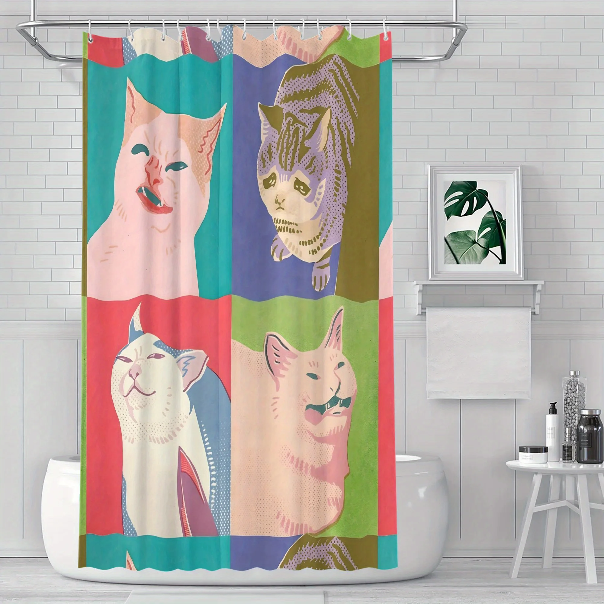 Abstract Cat Portraits Shower Curtain – Geometric Faces in Teal, Plum & Coral, Polyester, 12 Hooks, Water-Resistant, 72×72