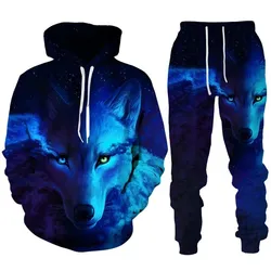 3D impresso Wolf Hoodie e Sweatpants conjunto para homens, agasalho masculino, animal com capuz terno, moletons, roupas de moda, outono, novo, 2023