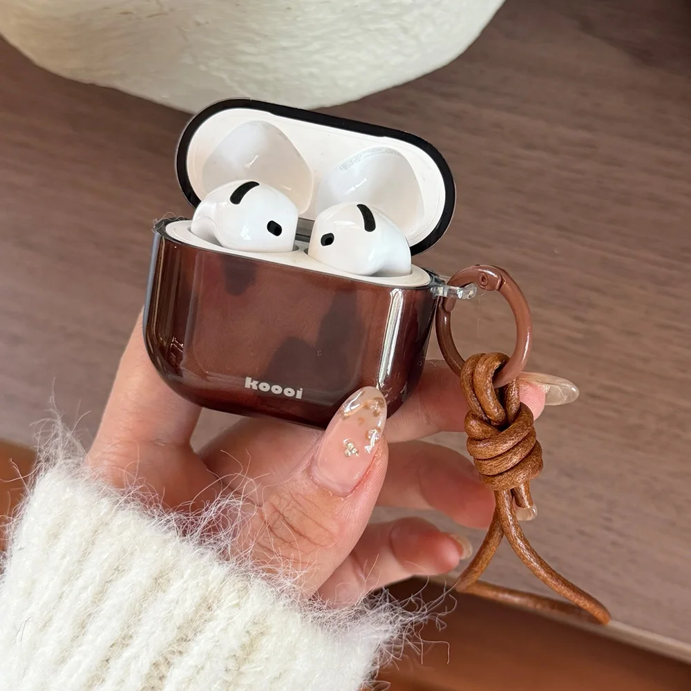 Funda de Silicona Suave Transparente Color Ámbar Retro para Apple AirPods Pro 3 2, con Correa de Mano Marrón para AirPods 1 2 3 4
