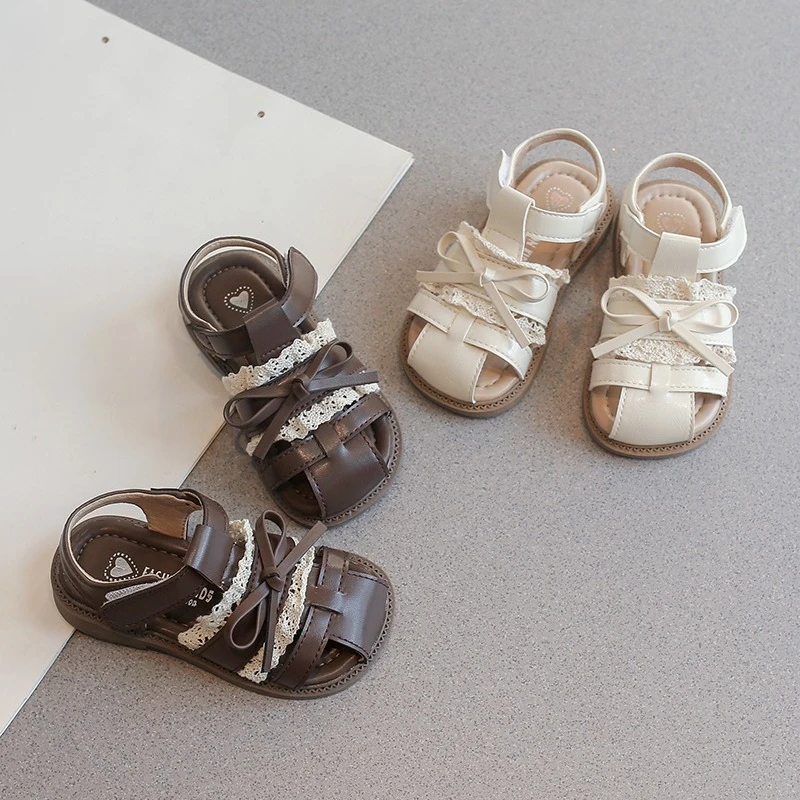 

Girls Princess Sandals Summer New Bow Sweet Lace Ruffled Edge Kids Beach Sandals Causal Non-slip Cut-outs Children Flat Sandals