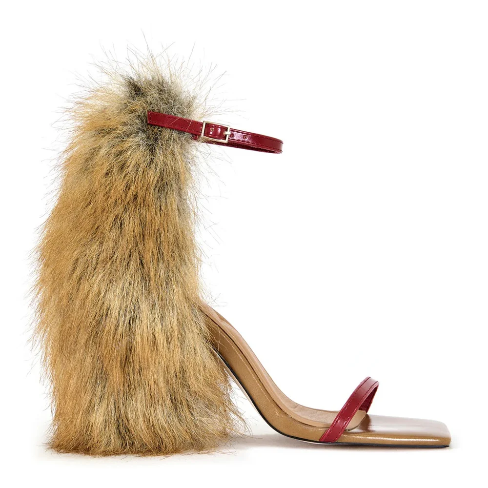 Red Faux Fur Chunky Heel Strap Sandal Women Sexy Square Toe Thick Heel Buckle Strap Back Furry Cover Heel Ankle Strap Shoes