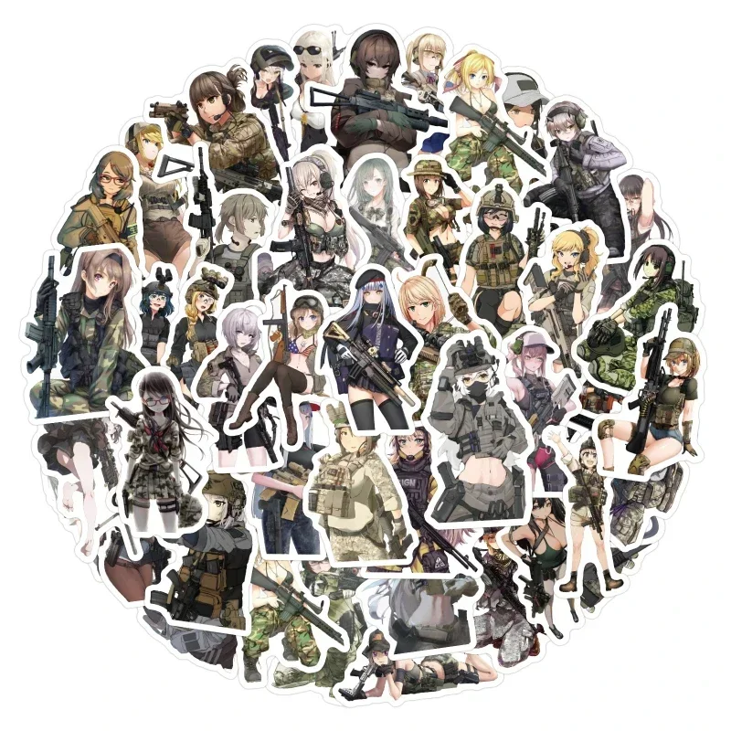 60/30/10PCS Cartoon Military Anime Girl Doodle Sticker Decoration Anime Character Aesthetic Stationery Cut Thin Glitter Sticker