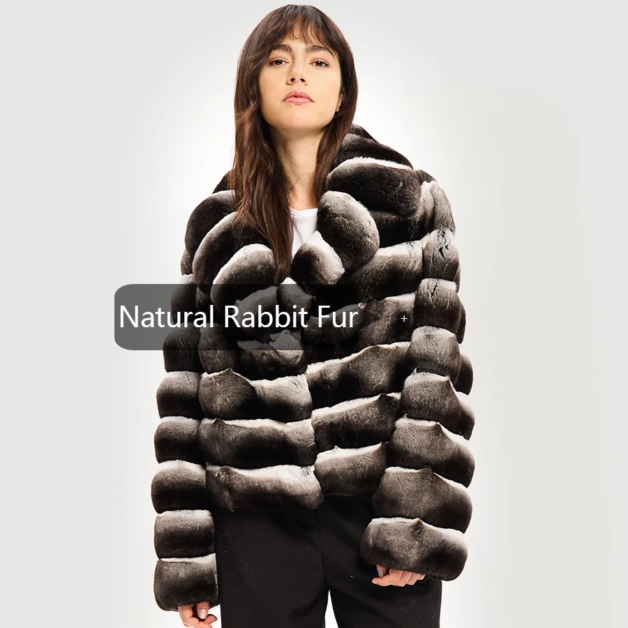 Abrigo de piel de conejo Chinchilla Rex para mujer, Chaqueta corta con solapa, moda de invierno, 2024