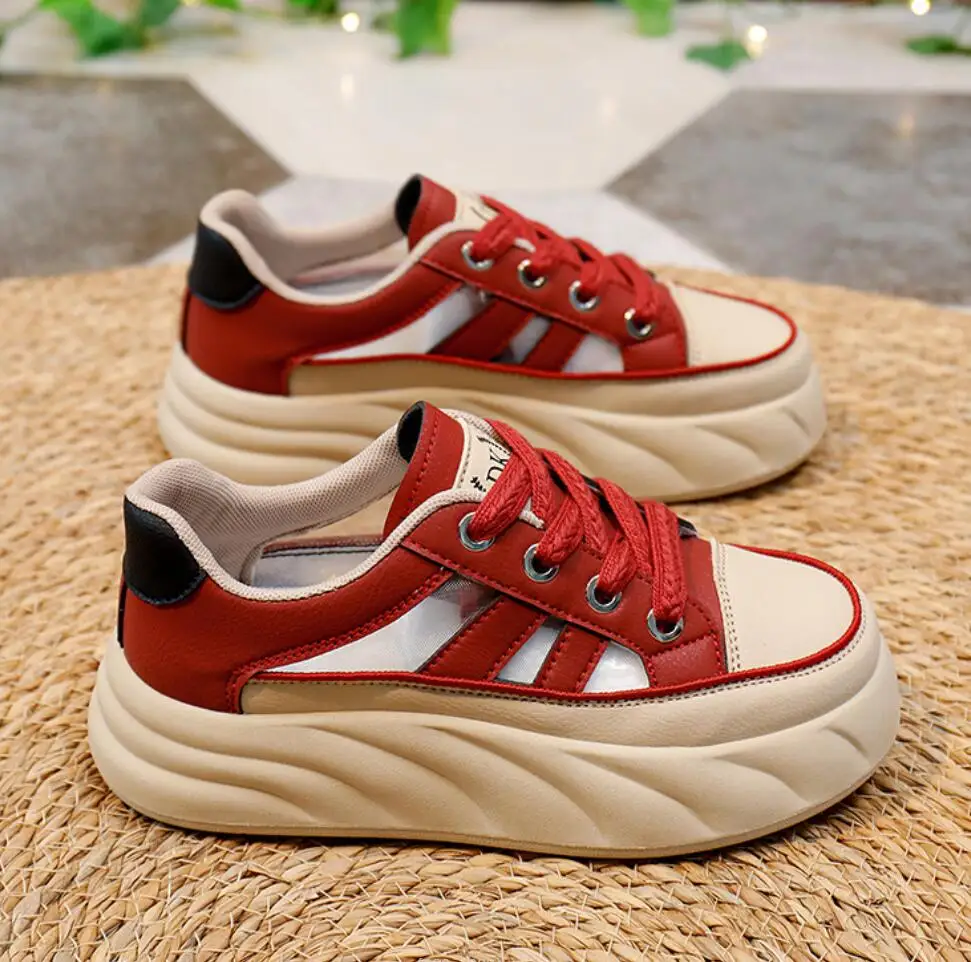 Sandálias femininas esportivas respiráveis, sapatos de verão, sola grossa, cordões, salto oco, 4cm, sapatos para pais, novo, 2024