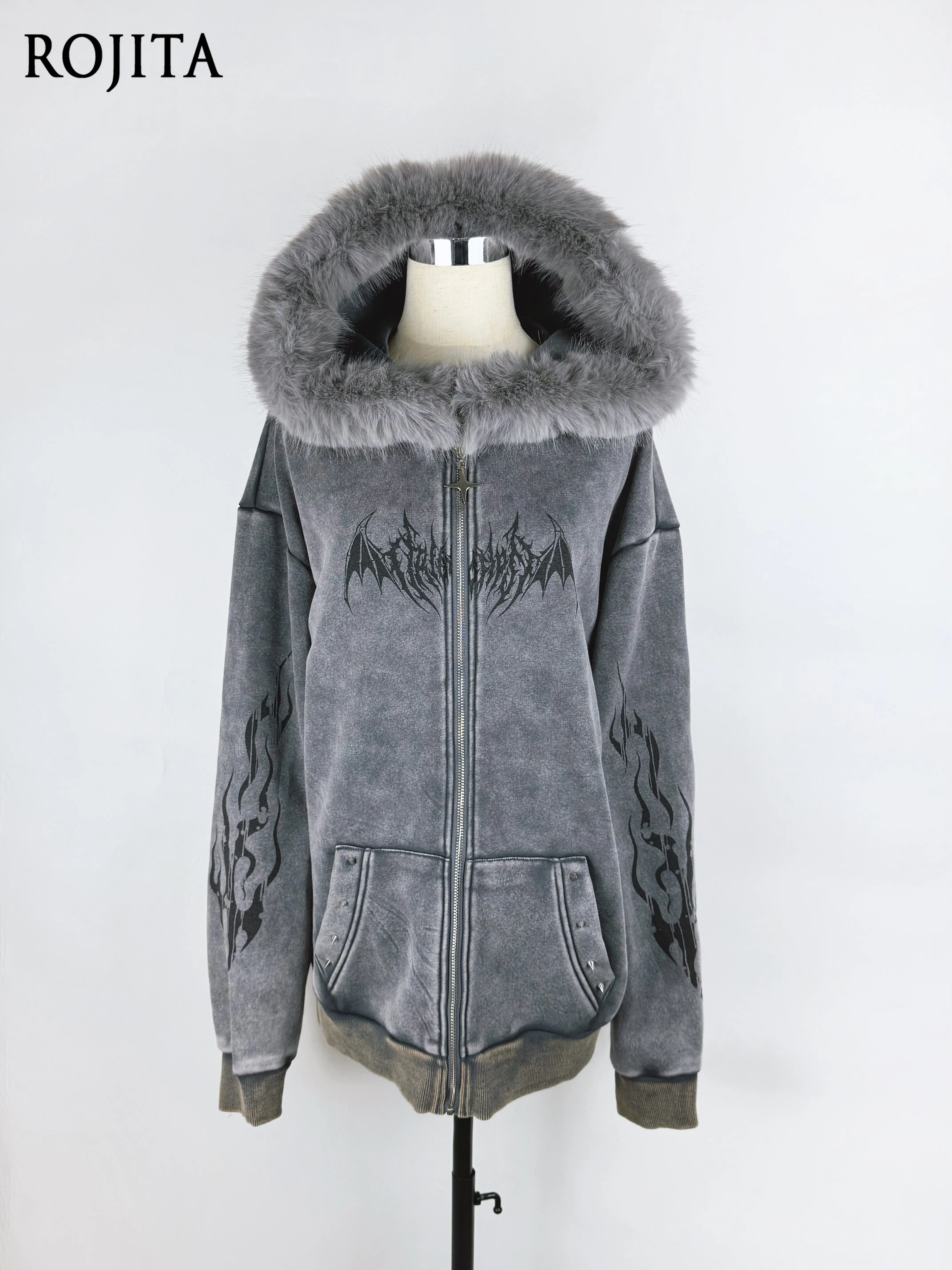 

Winter Loose Mid-Length Faux Fur Collar Fleece-Lined Jacket Subculture Washed Dark Print Hooded Jacket Women Clothing