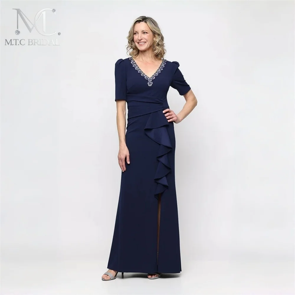 

Long Navy Blue Mother Of The Bride Dresses Stunning Crystals V Neck Half Sleeves 2026 High Quality Mother Dress For Wedding