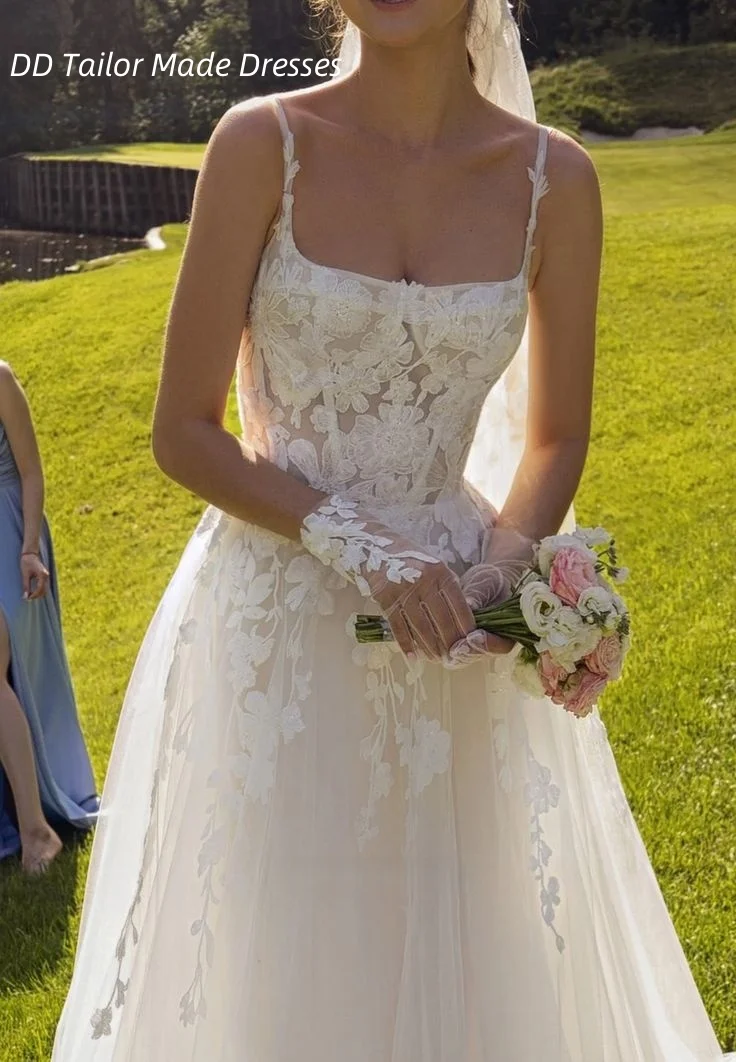 Fairy Garden ชุดแต่งงานดอกไม้ลูกไม้ Appliques A-Line Ivory Tulle ชุดเจ้าสาวยาวสายรัดแขนกุด vestidos ที่กําหนดเอง