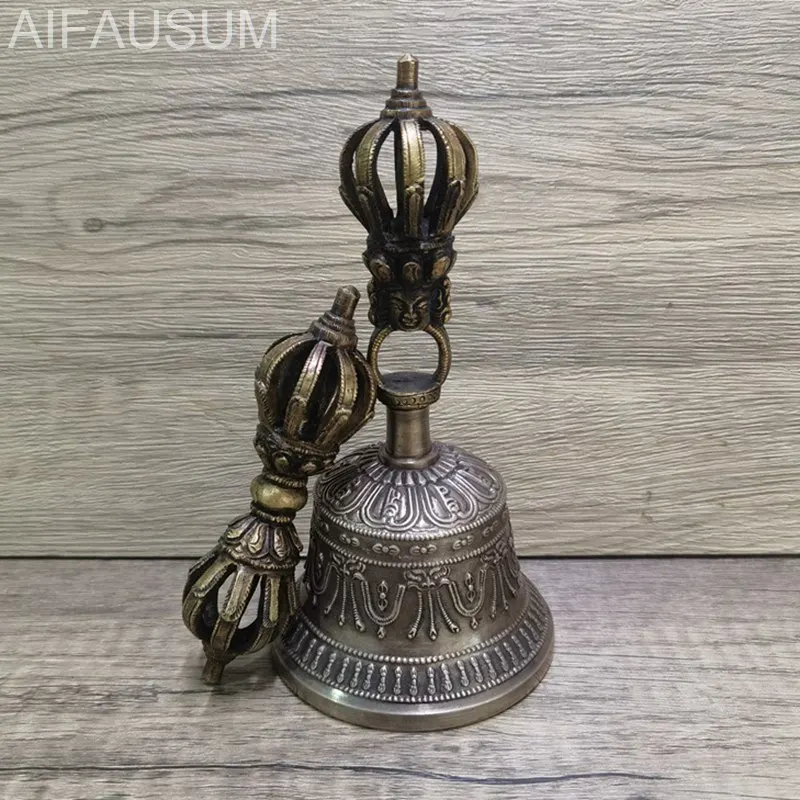 1set 15cm 16cm 17.5cm Copper Nine-pronged Vajra bell ghanta Handbells hand bell Tibetan Buddhism meditation artifact