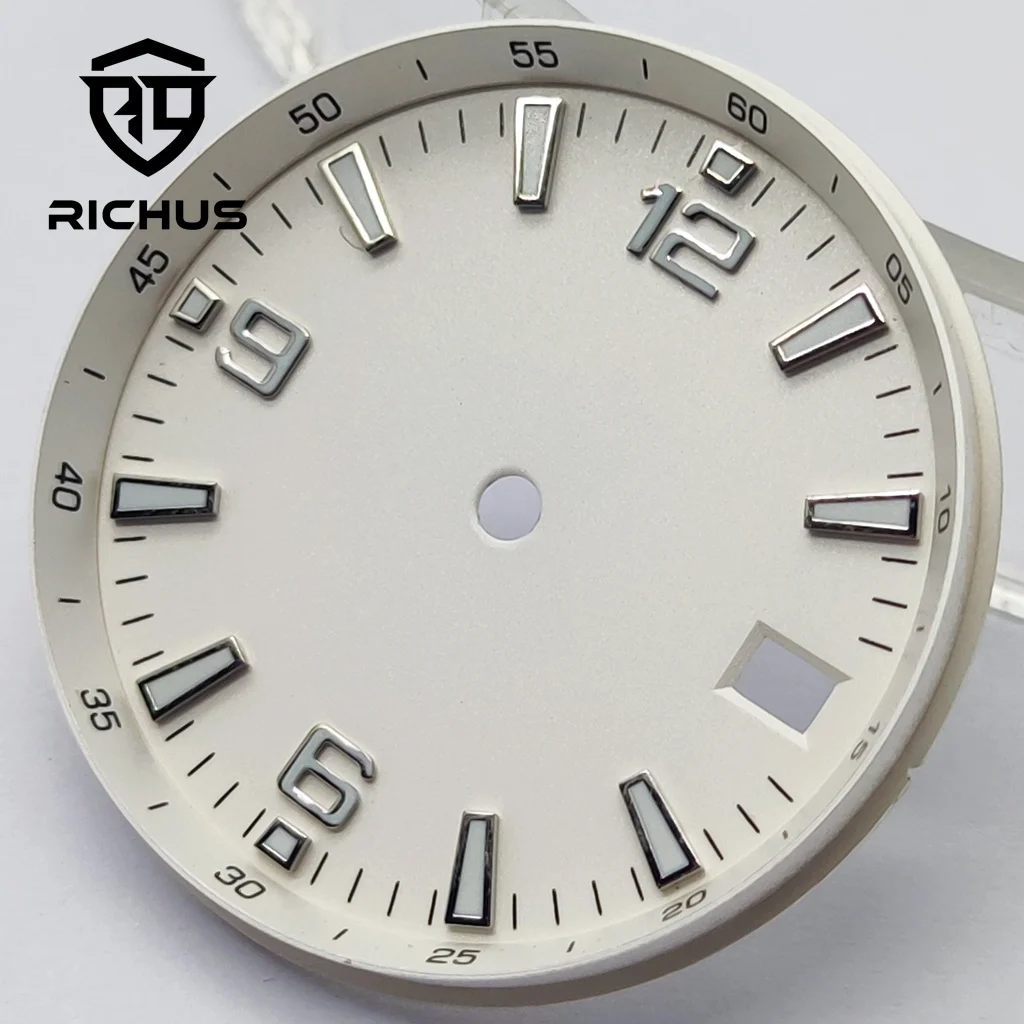 ساعة RICHUS 31 ملم بيضاء معقمة بمينا أخضر مضيء مناسب لحركة NH34 NH35 NH36