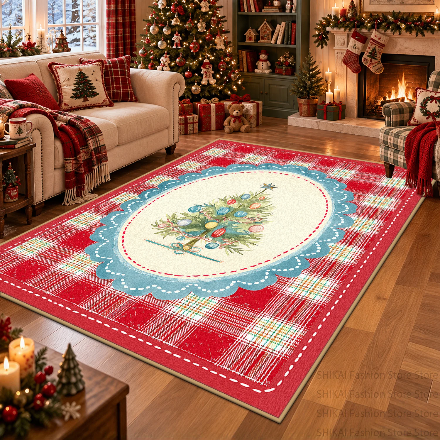 Christmas Tree Wreath Plaid Pattern Large Carpet Red Green Holiday Living Room Rug Non-Slip Washable Soft Floor Mat Decor Home