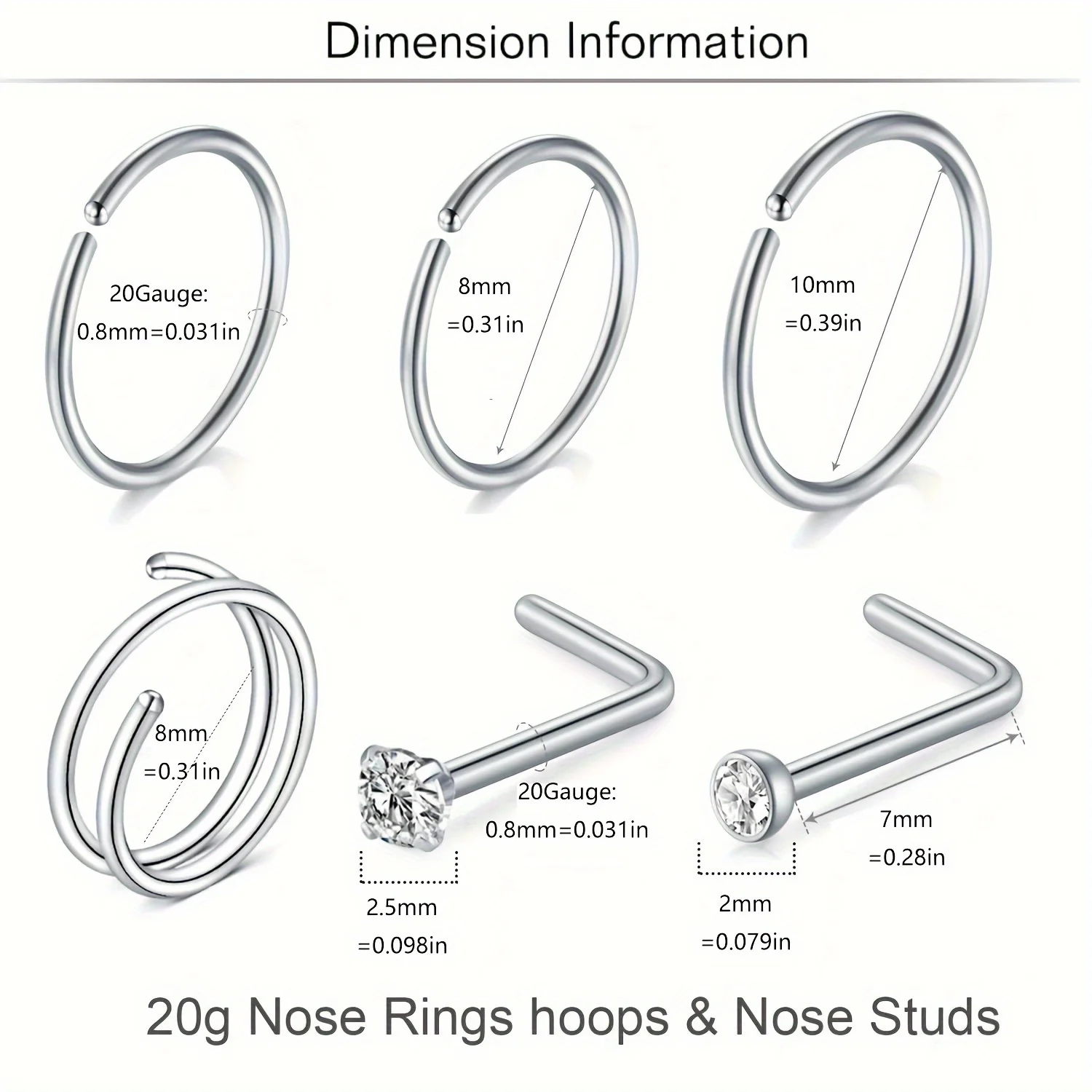 6Pcs Elegant Cute Body Piercing Screws 20G Stainless Steel Nose Rings Set Double Hoops L-Shape CZ Nose Screws Jewelry for Daily image 4