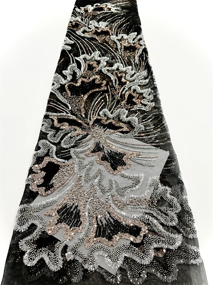 

High Quality Fantastic Beads Net Lace African Sequins lace Hand embroidery fabric Nigerian Tulle Lace Fabric For Women Dresses