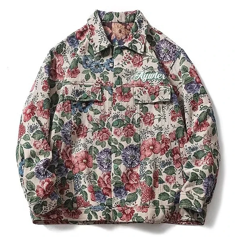 

Vintage Abstract Flower Grass Embroidery Varsity Jackets Men Women Y2k Harajuku Loose Cotton Coat Spring Autumn Casual Coat