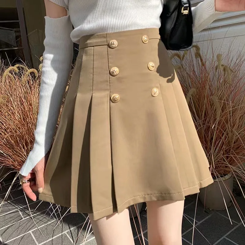 ファッションダブルブレストスーツプリーツスカート女性のハイウエスト A ラインミニスカート安全ショートスカート