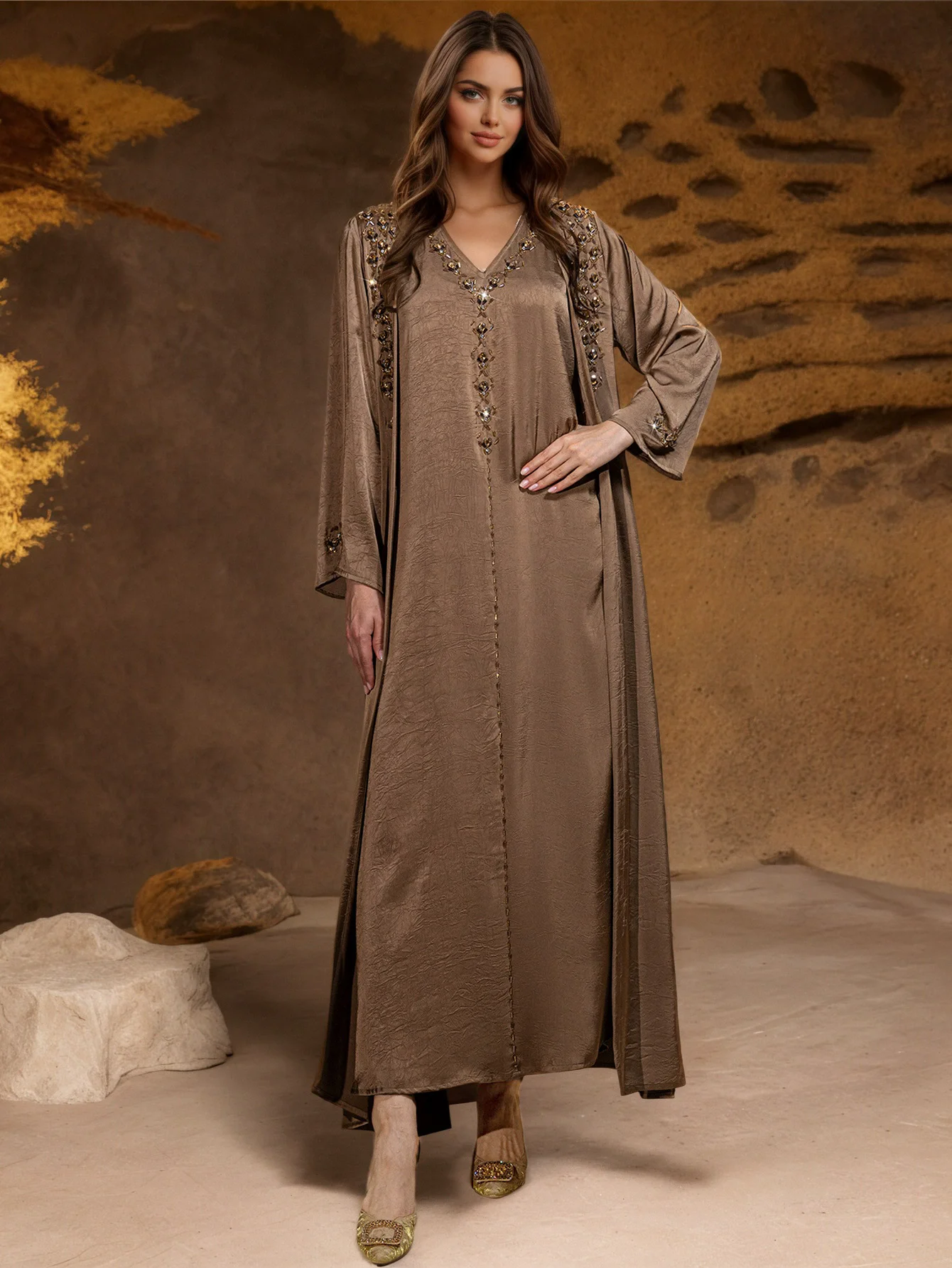 

Ближний Восток Рамадан Марокко Дубай Мусульманский банкетный повседневный кафтан сшитый вручную бриллиантами Роскошный модный комплект исламского платья из двух предметов