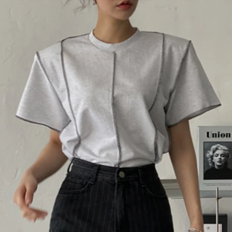 Chic Summer Loose Fit Overhead Color Block Stitching Design round Neck Short Sleeve T-Shirt for Women Commute Style Spring
