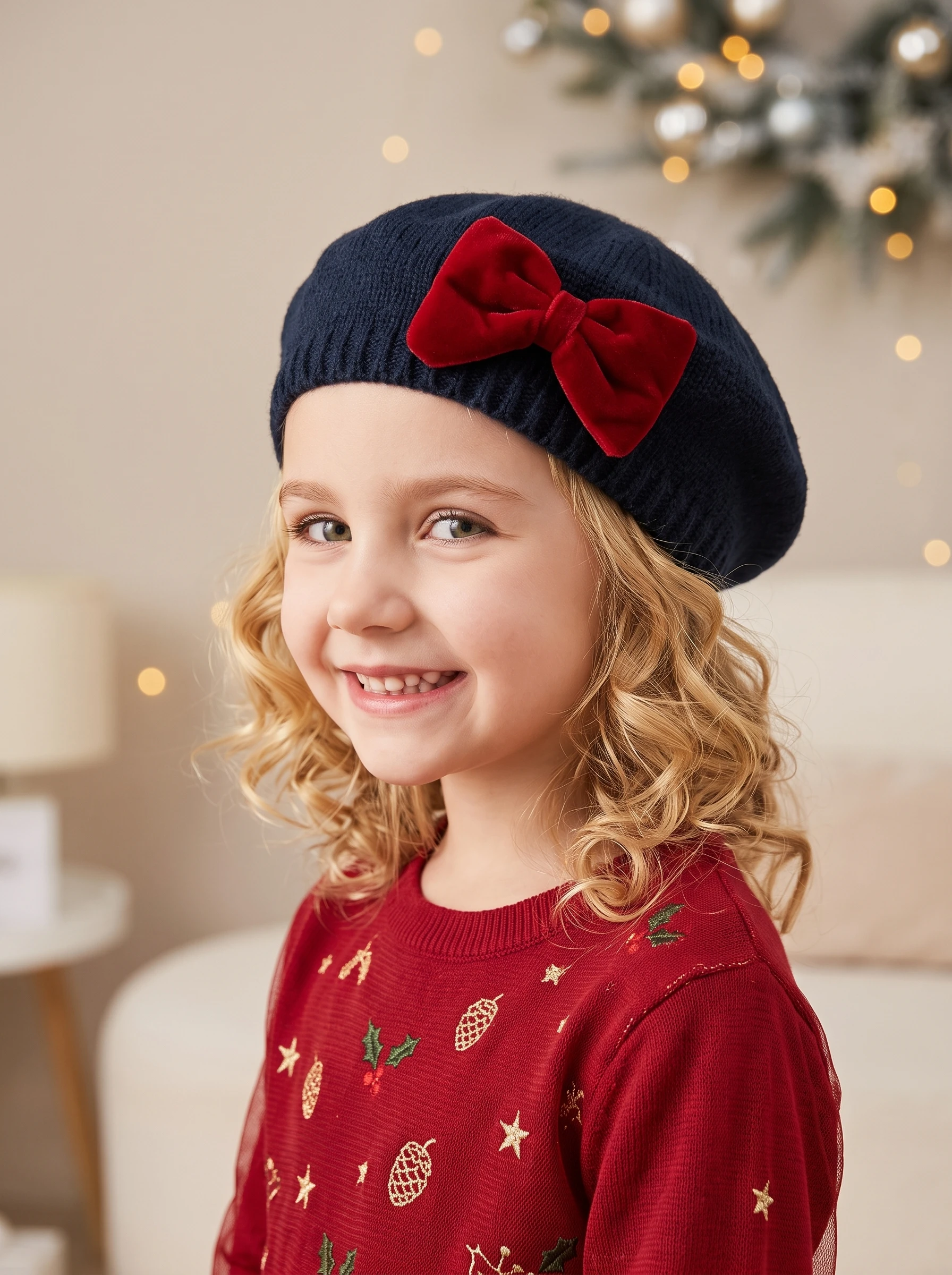 1 unidad de gorro de punto de terciopelo para bebés y niñas, gorro estilo pintor con decoración de lazo rojo para niñas pequeñas de 2 a 8 años