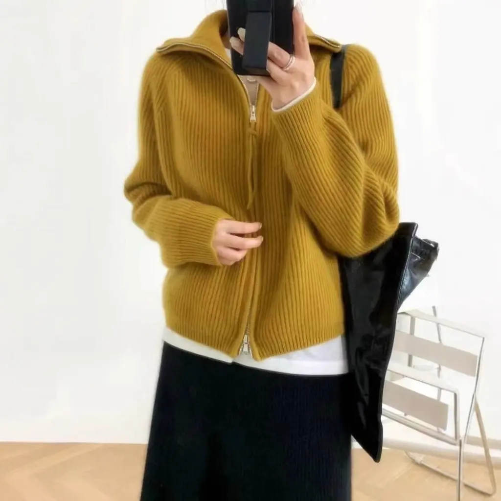 

Women's Autumn Winter Thick High-Neck Wool Cardigan Double Zipper Solid Color Striped Cashmere Style Sweater for Commuting