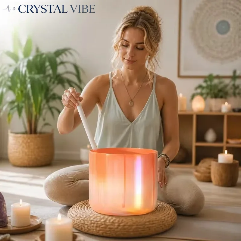 CRYSTAL VIBE7 Inch Clear Quartz Crystal Singing Bowl with Mallet Dream Flame Nebula Color Alchemy Sound Healing Therapy Instrume