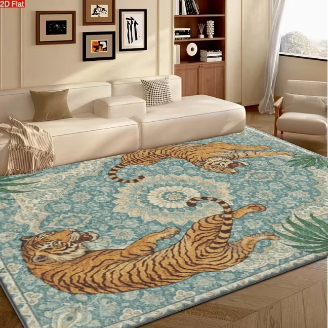 Vintage Tiger and Palm Leaf Print Area Rug Carpet Flooring for Living Room Bedroom Boho Tropical Decor Non Slip Durable Floor Mat