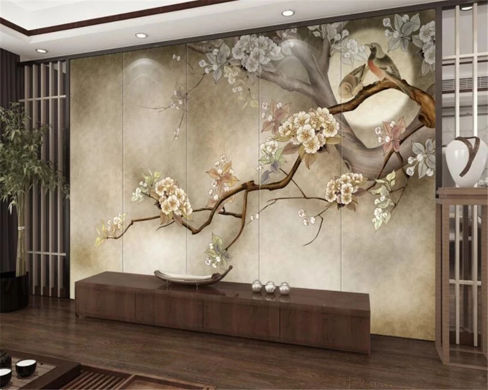 Customized wallpaper Modern home mural hand painted Flowers birds trees Living room sofa TV background wall bedroom restaurant