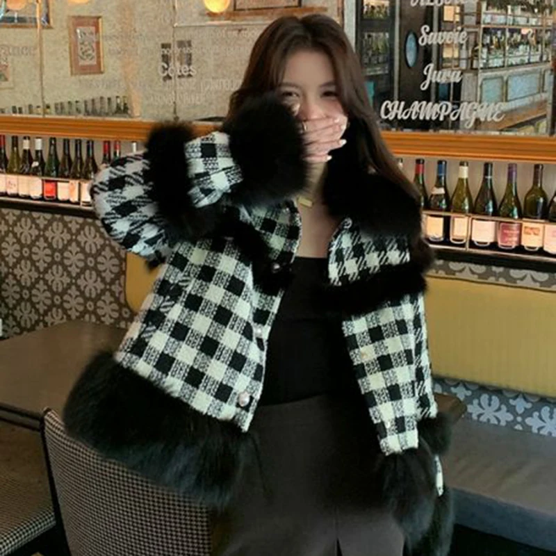 

Faux Fur Plaid Women Coats Small Fragrance Loose Casual Button Patchwork Jacket Fall Winter Elegant Aesthetic Fashion Outwear